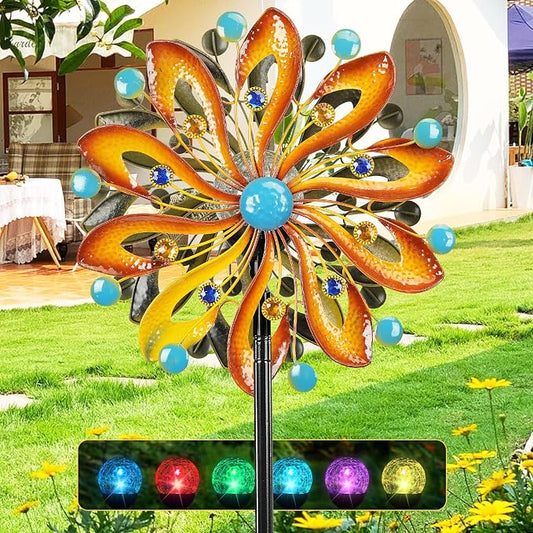 MLKNK Wind Spinners for Yard and Garden - Wind Sculptures & Spinners | Wind Spinners Outdoor 75 Inch, Kinetic Art with Solar Powered Multi-Color Glass Ball Light