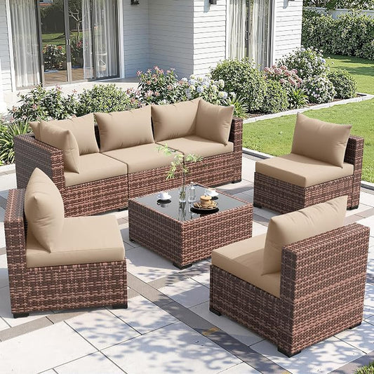 Amopatio Outdoor Patio Furniture Set 7 Pieces Patio Conversation Set Sectional Couch Sofa, Glass Table & Thicken Cushion Fits Garden Yard Porch