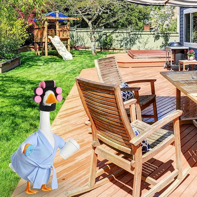 Shyyween Lady Porch Goose Outfits 23 Inch Light Blue Bathrobe Porch Goose Outfit with Curlers Coffee Cup Lawn Geese Clothes for Cement Plastic Statue