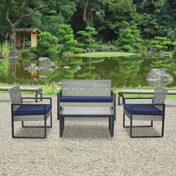 4 Piece Patio Furniture Set, Wicker Rattan Outdoor Furniture with Cushion, Patio Conversation Sets with Chairs Loveseat and Coffee Table for Outdoor, Porch, Yard, Poolside, Balcony, Lawn (Light Gray)