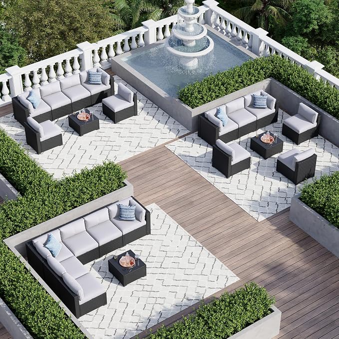 Aoxun 7 Piece Patio Furniture Set, Wicker Rattan Patio Sectional Sofa, Outdoor Furniture Set with Thickened Cushion, Light Gray