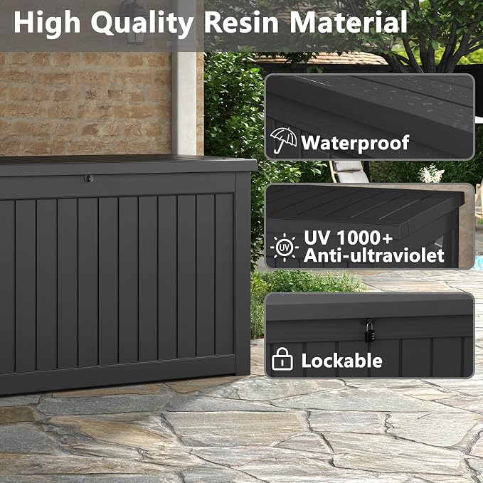 KAMABOKO 260 Gallon Outdoor Storage Box, Resin Deck Boxes Indoor and outdoor, Waterproof Storage Box Lockable Lid for Garden Tools, Package Delivery, Patio Cushions, Black