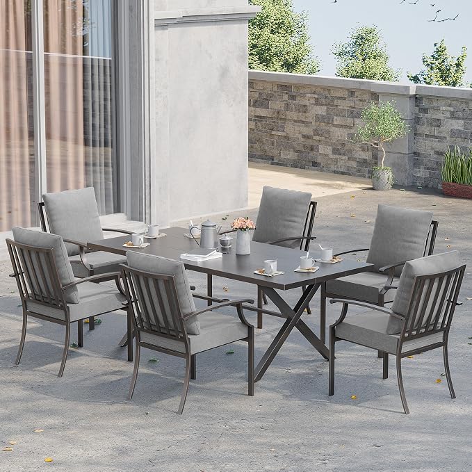 Kurapika 7 Piece Patio Dining Set Outdoor Furniture, Metal Patio Furniture Set 6 Fixed Chairs and Large Table with Umbrella Cutout for Deck Garden Yard Porch, Grey