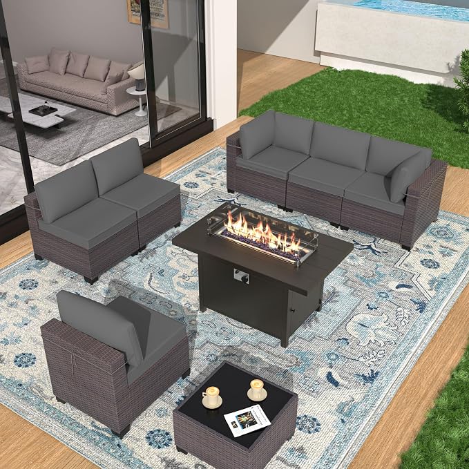Patio Furniture Set with Aluminum Fire Pit Table 8 Pieces Outdoor Sectional Sofa Set,PE Rattan Wicker Patio Conversation Set w/43in 55000 BTU Propane Fire Pit Table,Grey