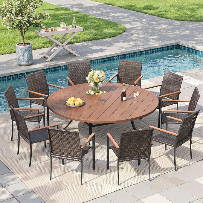 Round Patio Dining Set for 10, 63" Round Metal Table with Umbrella Hole and Stackable Wicker Patio Chairs, Outdoor Furniture Set for Deck Backyard Garden, Walnut Chairs, Walnut Table