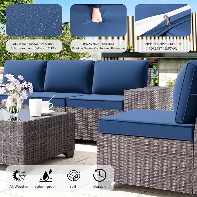 9 PCS Outdoor Patio Furniture Set,Outdoor Sectional Furniture All Weather PE Rattan Wicker Patio Conversation Set,Swivel Rocking Chairs Set,Navy Blue