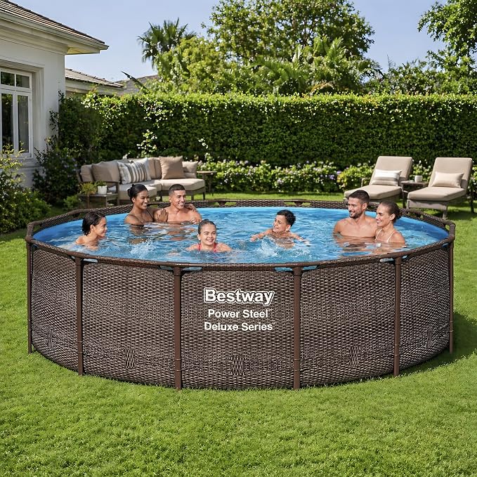 Bestway Power Steel 14’ x 42” Above Ground Pool, Round Metal Frame Outdoor Swimming Pool Set with Filter Pump, Ladder, and Cover, Brown