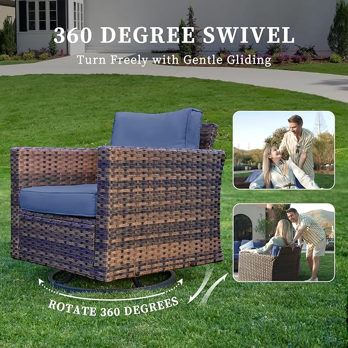 UDPATIO Patio Furniture Set, 5 Pieces Outdoor Wicker Furniture Set with Swivel Rocking Chairs Storage Table and Waterproof Covers for Backyard, Deck, Porch, Navy