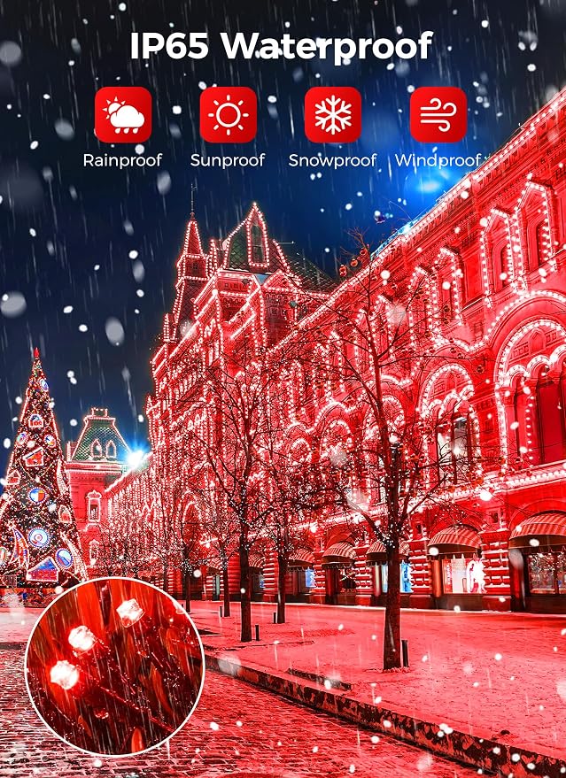 Minetom Solar String Lights Outdoor,40FT 100 LED Solar Powered String Light | Patio Light with 8 Lighting Modes, Waterproof Solar Christmas Lights Outdoor for Outside Tree Garden Balcony Yard Lawn, Red