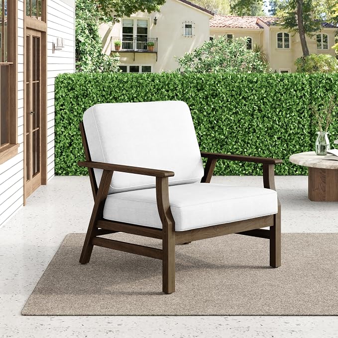 Wood Patio Chair Outdoor Bistro Set, 2 Piece Outdoor Armrest Chair All Weather Patio Sofa Furniture Backyard Conversation Sets with Cushions - Beige