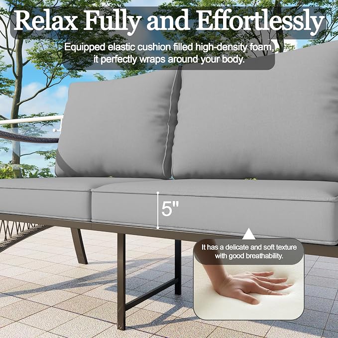 7 Pieces Patio Conversation Sets, All-Weather Metal Swivel Rocking Chairs with Rope Furniture Set, Outdoor Sofa Couch for Deck, Porch, Garden, Backyard, Poolside (Gray Cushions)