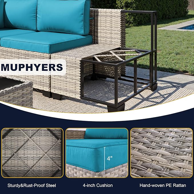 15-Piece Outdoor Patio Furniture Set with Rocking Swivel Chair, Wicker Rattan Sectional Sofa Conversation Set with Tempered Glass Table with Ottomans, Backyard Furniture, Turquoise