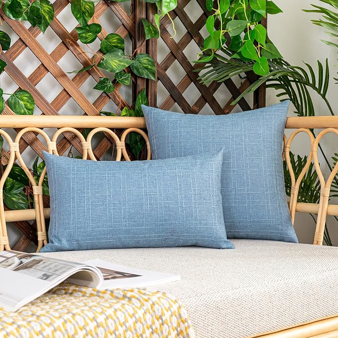 Kevin Textile Outdoor Waterproof 18”x18” Pillow Covers 2 Pack, Light Blue | Water Resistant, Soft Faux Linen-cotton Yarn-dyed Woven Texture Throw Pillow Covers for Tent Patio Garden Couch Sofa