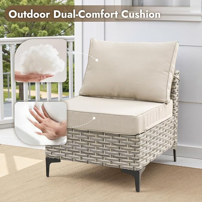 8 Pieces Patio Furniture Set with 42" Fire Pit, All-Weather Rattan Outdoor Sectional Conversation Sets L Shaped Sofas with Solar Light Coffee Table for Porch Balcony Backyard Beige