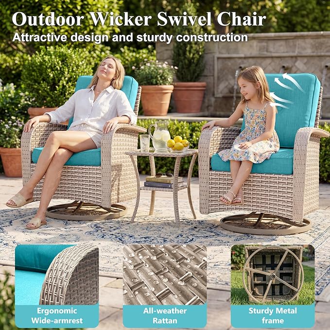 Patio Furniture Set, 18-Piece Outdoor Sectional Sofa with Swivel Rocker Chairs & Fire Pit Table, Wicker Patio Conversation Set with Coffee Table, Cyan Cushions