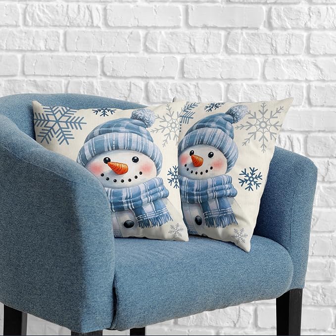 Lovely Blue Snowman Pillow Covers Winter Throw Pillow Case 16x16 Set of 2 Snowflakes Pillowcase Holiday Cushion Case for Living Room Bedroom Couch Sofa
