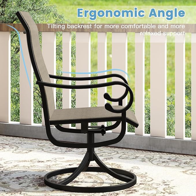DIFY 7 Pieces Outdoor Patio Dining Set for 6, Swivel Dining Chairs with Brown Textilene and 63" Black Rectangle Metal Dining Table, Outdoor Table and Chairs for Lawn Garden Backyard Deck