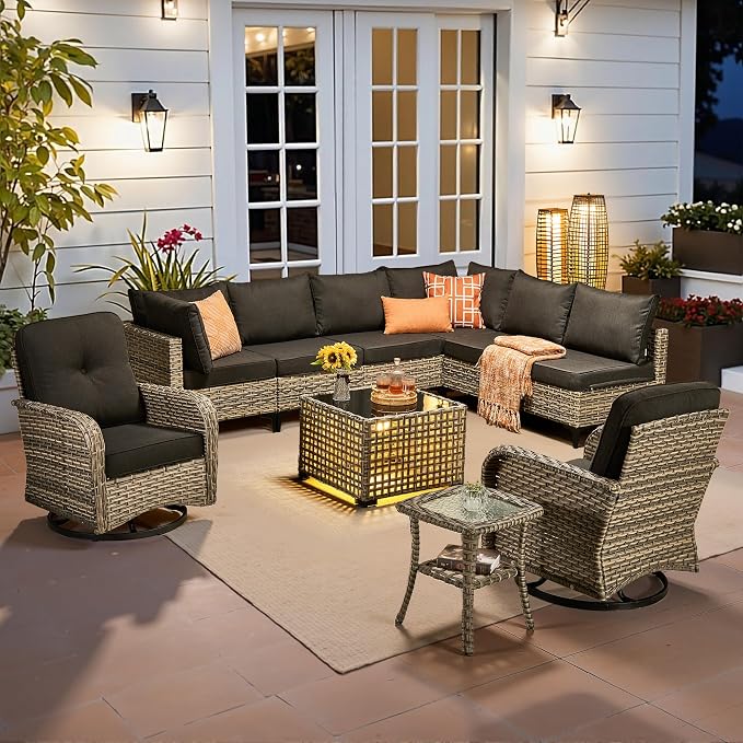 CAODOC Outdoor Sectional Patio Furniture Set,10 Pieces Wicker Conversation Sets L Shaped Couch,Out Door Sofa Outside Furniture with Swivel Chairs,Black