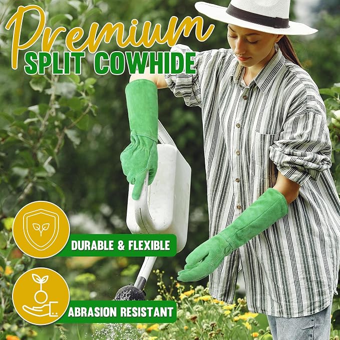 HANDLANDY Leather Gardening Gloves, Thorn Proof Long Gauntlet Heavy Duty Garden Gloves, Elbow Length Rose Pruning Weeding Yard Glove (Large, Green) | Long Leather Gardening Gloves, Breathable Leather Gauntlet, Best Garden Gifts & Tools for Gardener (Gr...