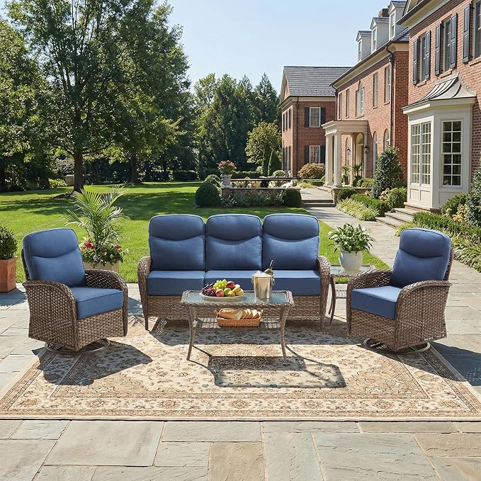 Luxury Patio Furniture Set with 6-inch Thick Cushions, Outdoor Furniture Set with High Back Swivel Chairs, 5 PCS Wicker Outdoor Conversation Set for Porch, Patio, Yard, Deck, Poolside, Brown/Blue