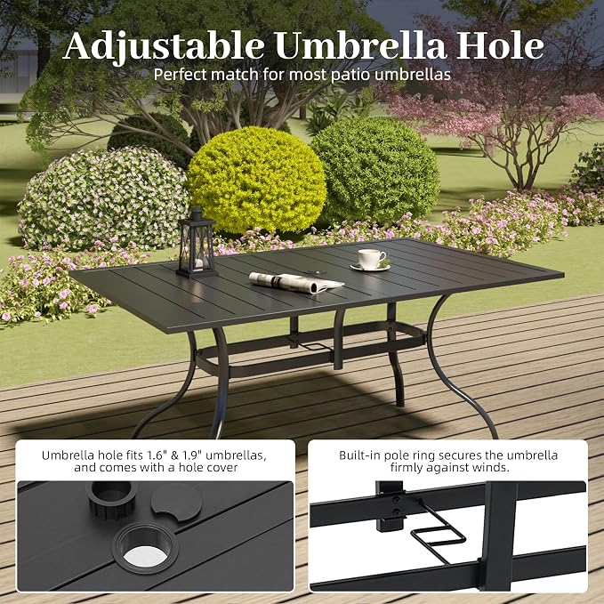 7pcs Patio Furniture Set, Outdoor Dining Table and Chairs Set | 63" Rectangle Metal Patio Table, Textilene Dining Chairs, Double-sized Umbrella Hole, Perfect for Garden Backyard Poolside
