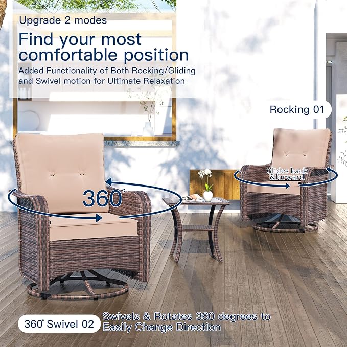 Kullavik 10PCS Outdoor Patio Furniture Set,PE Wicker Rattan Sectional Sofa Patio Conversation Sets with 43" 55000BTU Gas Propane Fire Pit Table,Swivel Rocking Chairs Set,Sand
