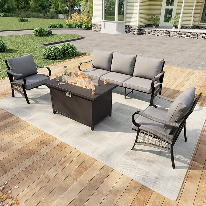 4 Pieces Patio Conversation Sets, All Weather Metal Outdoor Furniture Set 3-Seater 2 Single Chairs with Fire Pit Table for Backyard Garden Deck Porch Poolside, Gray