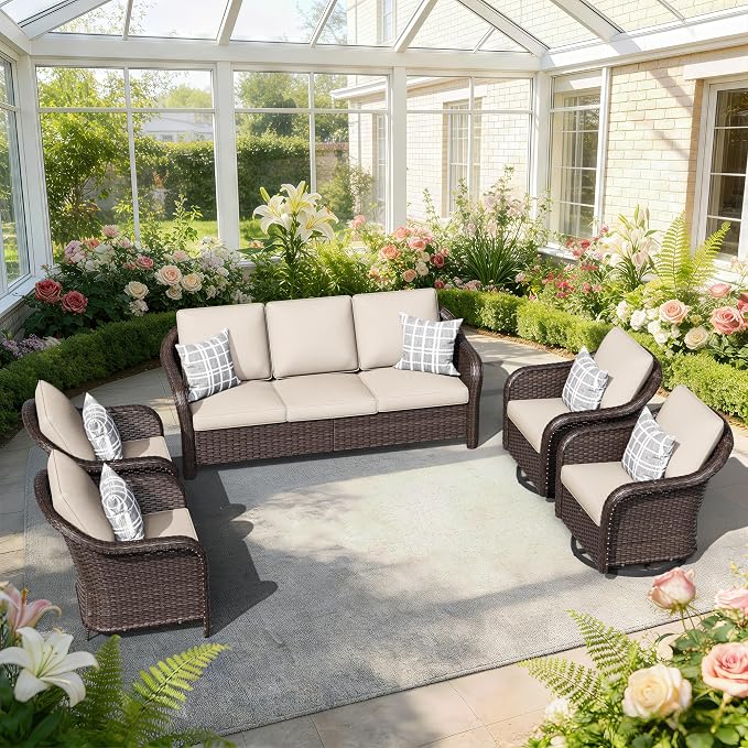 5 PCS Outdoor Conversation Set | 78" Couch, 2 Chairs, 2 Swivel Chairs, Patio Wicker Conversation Furniture with Removable Cushions for Bistro, Deck, Sunroom (Beige)