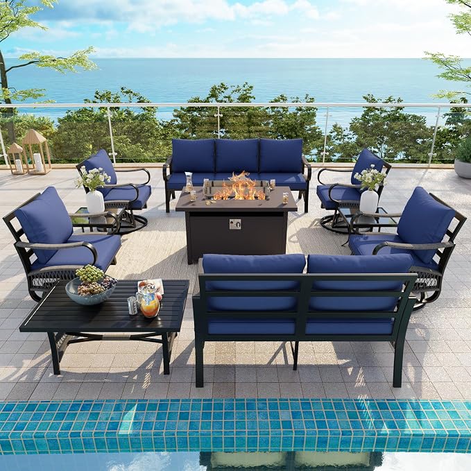 10-Piece Outdoor Furniture Set, Metal Swivel Rocking Chairs with All-Weather Cushions, Patio Conversation Set with Fire Pit Table for Deck, Porch, Garden, Backyard, Poolside (Blue Cushions)