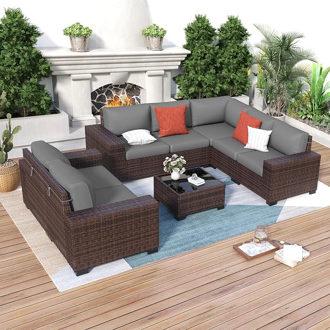 Outdoor Patio Furniture Set, 8‘’ Wide armrest Outdoor Sectional Rattan Sofa Set, Wicker Patio Furniture Sets w/Coffee Table,Thick Cushions for and Cover for Porch, Deck,8 PCS(Brown&Grey)