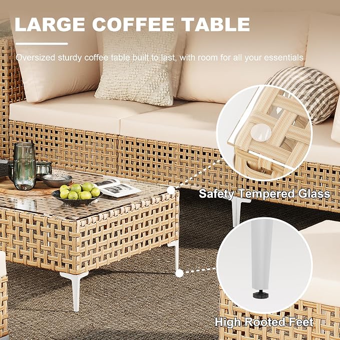 Outdoor Wicker Patio Furniture Set - 7 Piece | Outdoor Wicker Sectional Couch, Weave Rattan Sofa, with Coffee Table & Thick Cushion, Perfect for Deck, Garden, Backyard