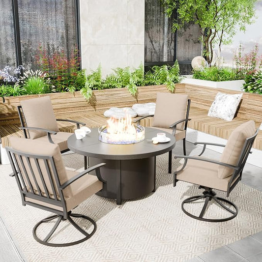 Kullavik 5 Piece Metal Outdoor Patio Furniture Set with Fire Pit Table,Outdoor Dining Table Set with 2 Fixed Chairs,2 Swivel Chairs and 55000 BTU Outdoor Round Fire Pit,Sand