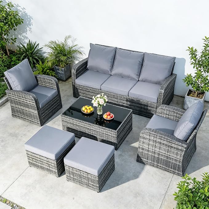 6-Piece Outdoor Patio Furniture Set, Wicker Sofa and Chairs with Cushions & Ottomans, PE Rattan All-Weather Conversation Set with Coffee Table, Comfortable Seating for Backyard, Poolside, Garden Grey