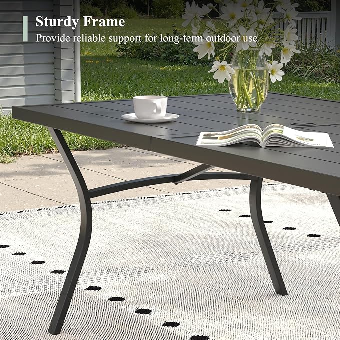 Patio Dining Set for 6, Outdoor Furniture of 63" Rectangular Slatted Table with Umbrella Hole and Stackable Wicker Patio Chairs for Backyard Lawn Garden, Walnut Chairs, Black Table