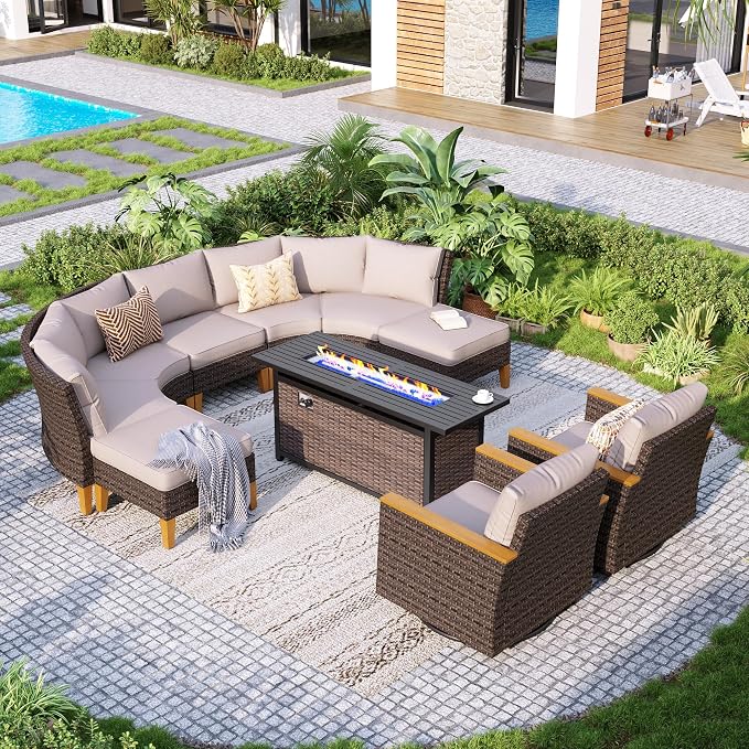 GREEN PARTY 9 Pieces Wicker Patio Furniture Set with 56" Fire Pit Table, All-Weather Outdoor Rattan Patio Half-Moon Curved Sectional Sofa Conversation Set for Garden, Backyard, 2 x Swivel Chairs