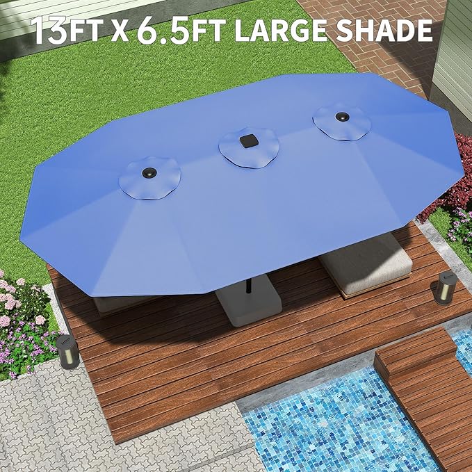 GarveeHome 13ft Large Patio Umbrellas with NO Base, Outdoor Double-Sided Rectangle Market Umbrella with Crank Handle, for Pool Lawn Garden