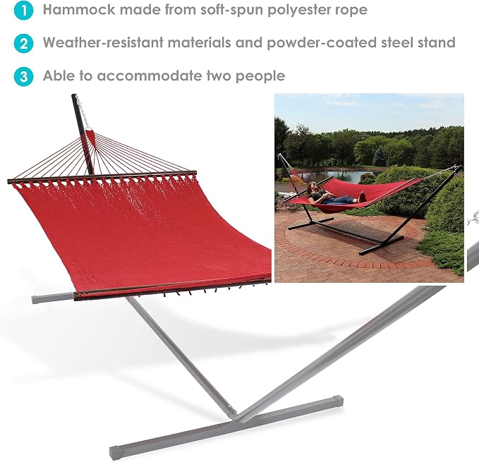 Sunnydaze Polyester Rope Double Hammock with 15-Foot Steel Stand - 400-Pound Capacity - Red