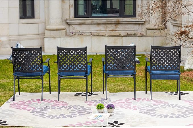 LOKATSE HOME Patio Dining Chairs Set of 4, Stackable Metal Wrought Iron Outdoor Chairs with Armrests & Thick Blue Cushions, All-Weather Heavy Duty Furniture for Garden, Backyard, Deck & Balcony