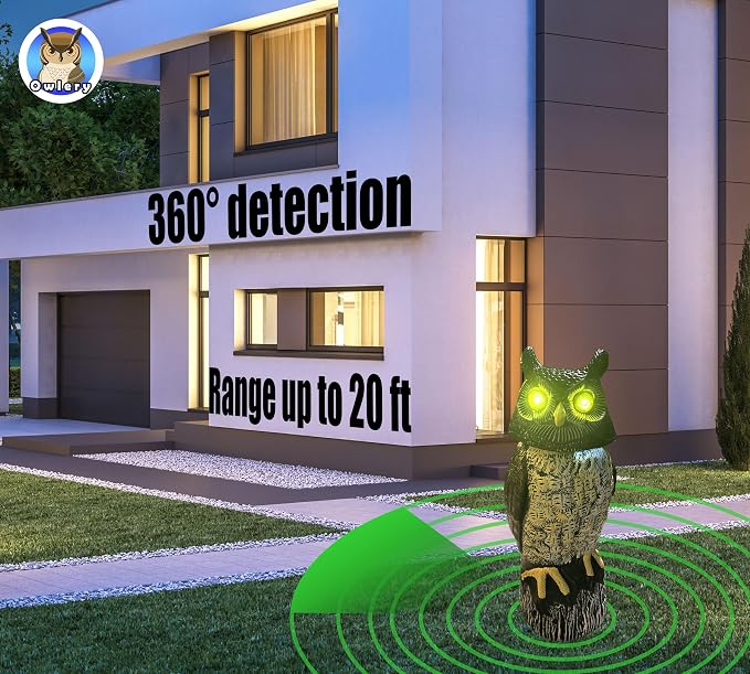 Large Solar Owl with Motion Detector, Flashing Eyes, Spinning Head, Realistic Hooting and Silent Mode, Garden Owl, Outdoor Statue, Decoration for Home, Garden, Patio and Fence