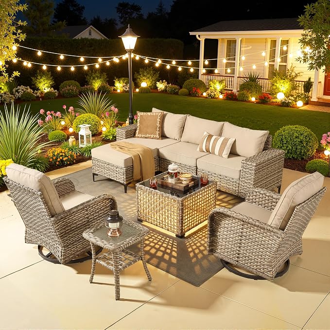 8 Pcs Patio Outdoor Furniture Set - All Weather Wicker Outdoor Sectional Sofa Couch with Swivel Rocking Chairs and Coffee Table,Patio Modular Rattan Conversation Set for Garden Deck Yard,Beige