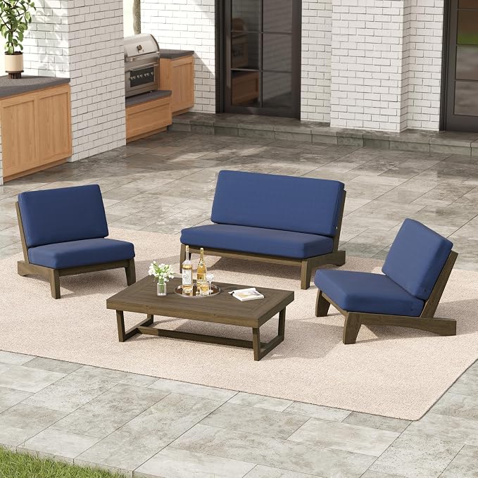 4 Pieces Patio Furniture Sets, All-Weather Outdoor Wood Bistro Set Patio Conversation Coffee Table Chiars and Patio Loveseat for Balcony, Backyard