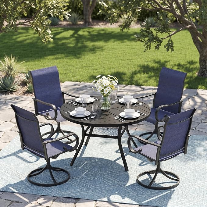 5 Pieces Patio Dining Set, 4 Outdoor Swivel Dining Chairs with 40.7" Round Metal Outdoor Dining Table with Umbrella Hole for Garden Backyard Deck, Dark Blue & Black