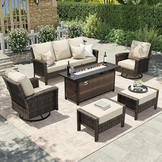 HERA’S HOUSE Wicker Patio Furniture Set, High Back Swivel Chairs with 5.5-Inch Thick Cushions, 6-Piece Outdoor Deep Seating Conversation Sets with Fire Pit Table & Ottomans for Deck Yard Garden, Beige