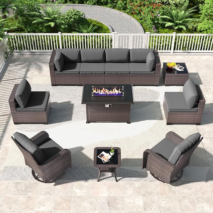 Kullavik 11PCS Outdoor Patio Furniture Set,PE Wicker Rattan Sectional Sofa Patio Conversation Sets with 43" 55000BTU Gas Propane Fire Pit Table,Swivel Rocking Chairs Set,Grey