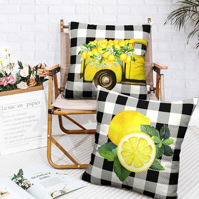 Summer Lemon Pillow Covers Yellow Truck Lemon Blossom Throw Pillow Covers for Living Room Farmhouse Patio Car Black Buffalo Plaid Cushion Case 24x24 Set of 2