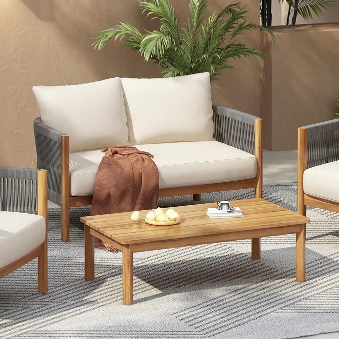 Christopher Knight Home Havets 2 Pieces Conversation Set, Acacia Wood Loveseat and Coffee Table Set, Woven Rope Armchair, Slats Panel End Table, 6" Thick Cushion Couch for Backyard Garden, Gray+Beige