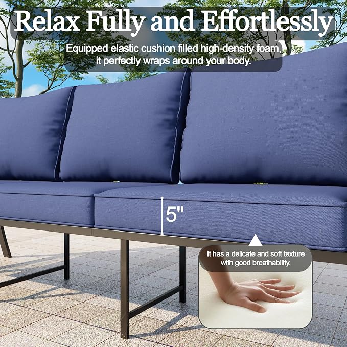 9 Pieces Patio Conversation Sets, All-Weather Metal Swivel Rocking Chairs with Rope Furniture Set, Outdoor Sofa Couch for Deck, Porch, Garden, Backyard, Poolside (Blue Cushions)