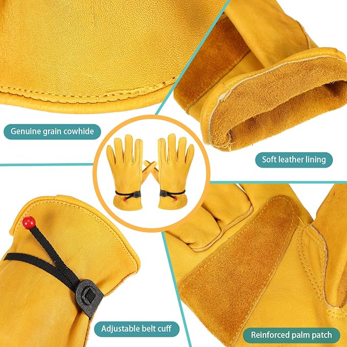 Tarpop Men's Large Cowhide Leather Work Gloves, Reinforced Palm for Wood Cutting, Construction, Gardening, Driving