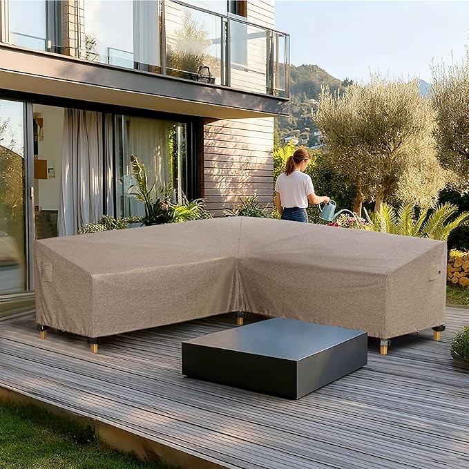 iBirdie Outdoor Sectional Cover fit 100 x 100 inch, 99 x 98, 97 x 96 L-Shaped Patio Sofa Waterproof Weatherproof 600D Heavy Duty Garden Furniture Cover for Outside L Shape Couch, Brown