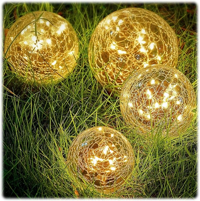 Honoson 6 Inch Solar Globe Lights Outdoor - Waterproof Cracked Glass Balls for Lawn Patio Yard Backyard Decorations, Warm White Solar LED Lights with Easy Installation,Durable Design (4 Pcs)